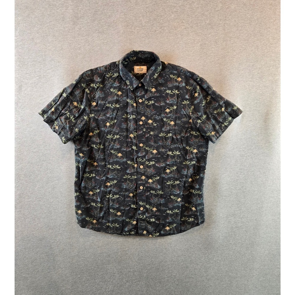 Marine Layer Shirt Mens Medium Black Volcano Palm Tree Button Down Short Sleeve